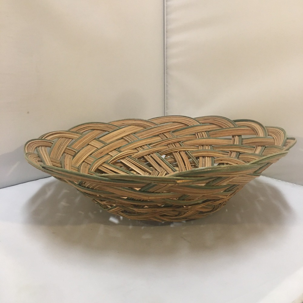 Woven Wicker Basket Bowl Unisex 12in Brown Green Boho‎ Decor Cottagecore
